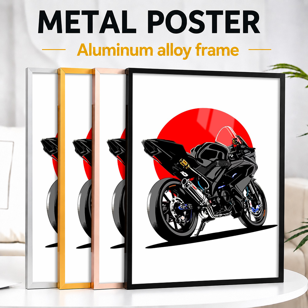 Riding Gear - Poster Logam Aluminium Berbingkai Matahari Merah,